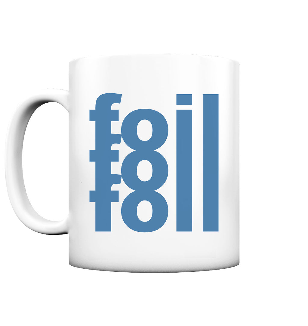 Matte Keramiktasse mit blauem "Foil Foil Foil" Schriftzug