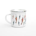 Emaille Tasse mit Garnelen Motiv im Cartoon Stil für Outdoor und Camping