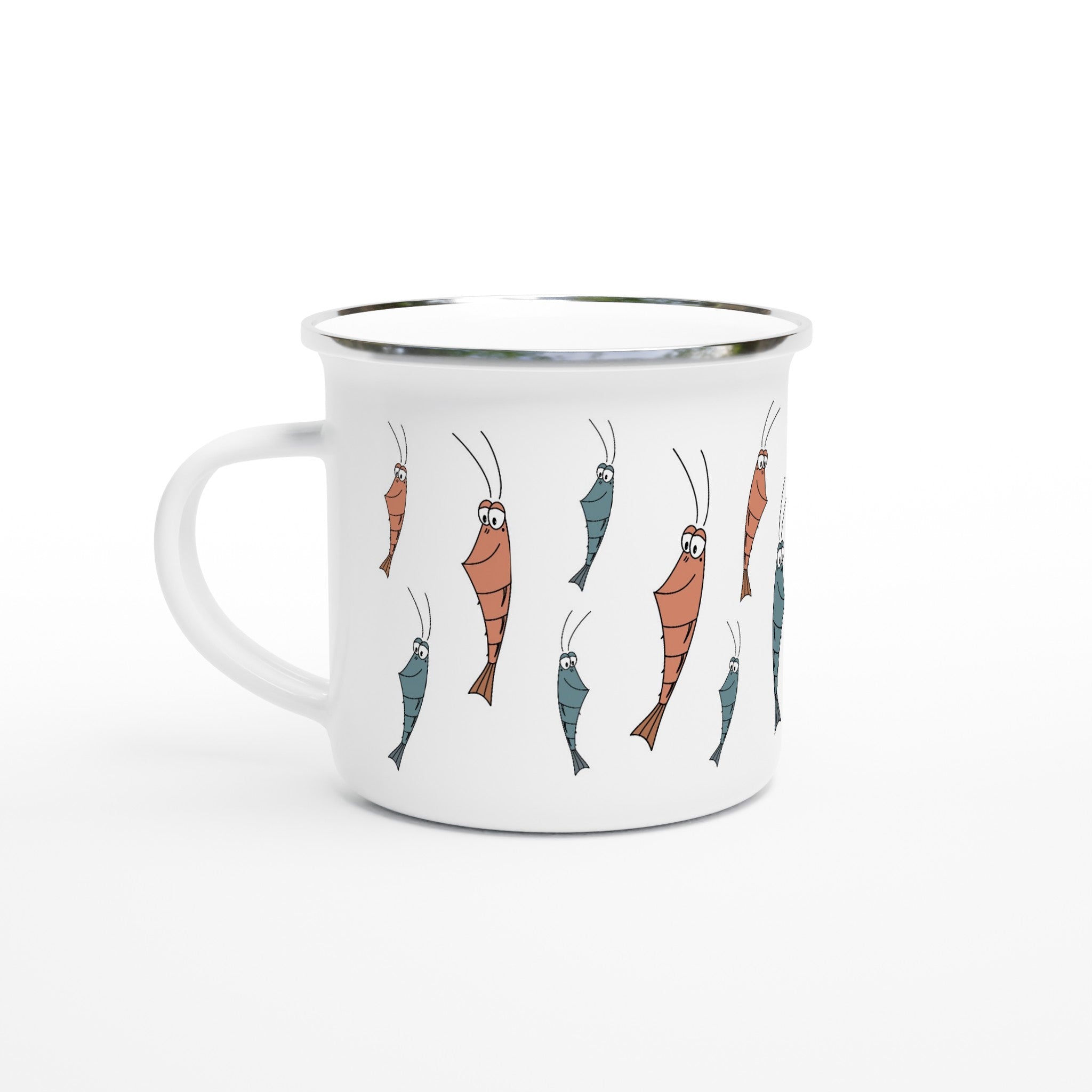 Emaille Tasse mit Garnelen Motiv im Cartoon Stil für Outdoor und Camping
