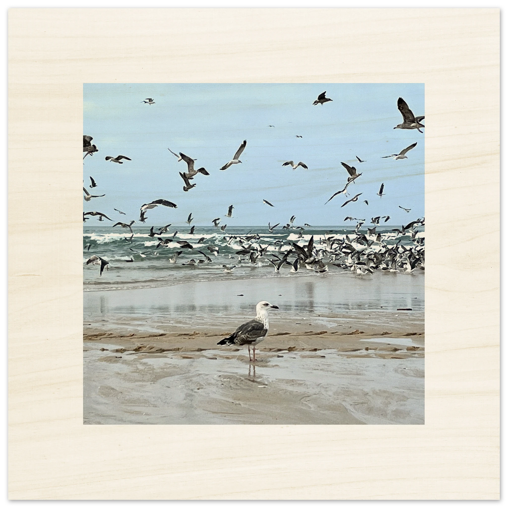 Wandbild auf Holz mit Möwen am Strand