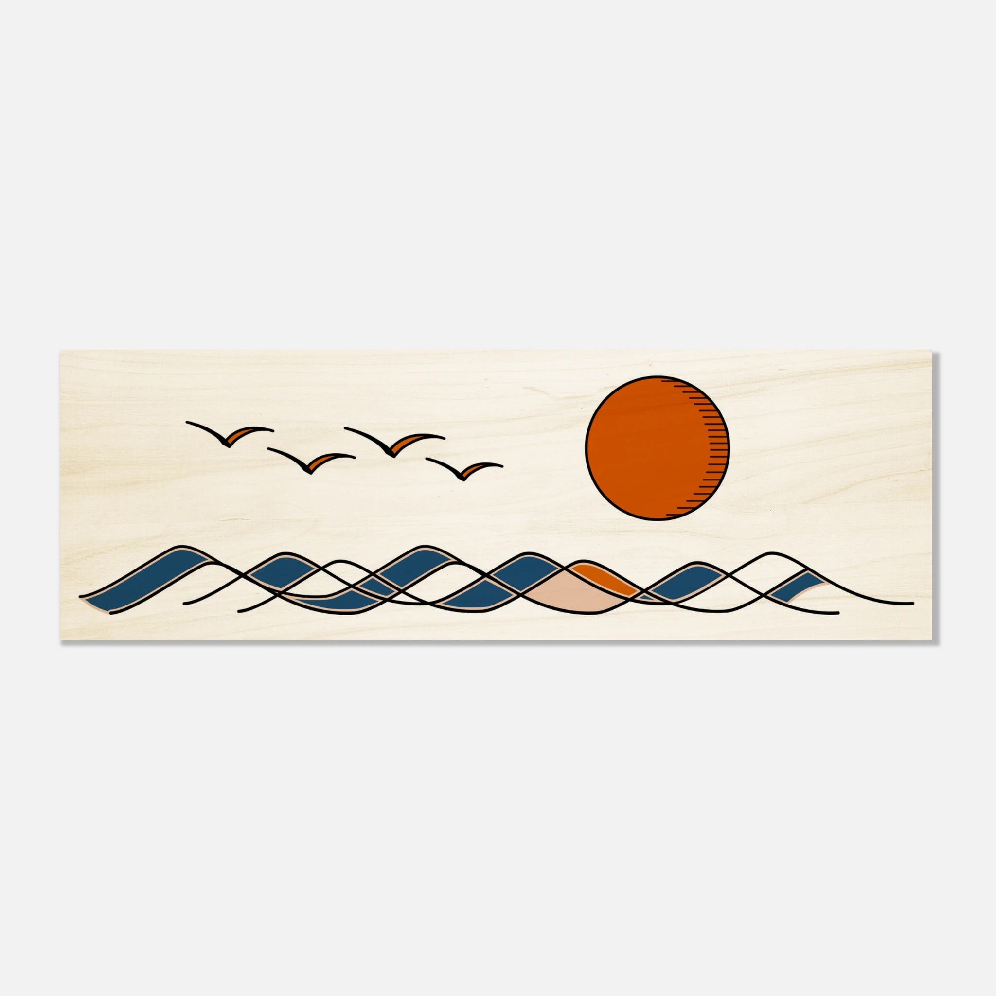 Minimalistische Küstenszene mit Sonne, Meer und Seevögeln auf Birkenholz