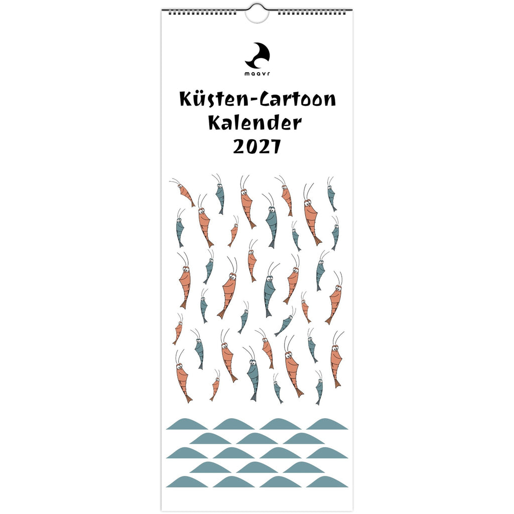 Cover des Wandkalenders 2027 mit Cartoon-Küstenbewohnern, Garnelen und stilisiertem Wellenmuster