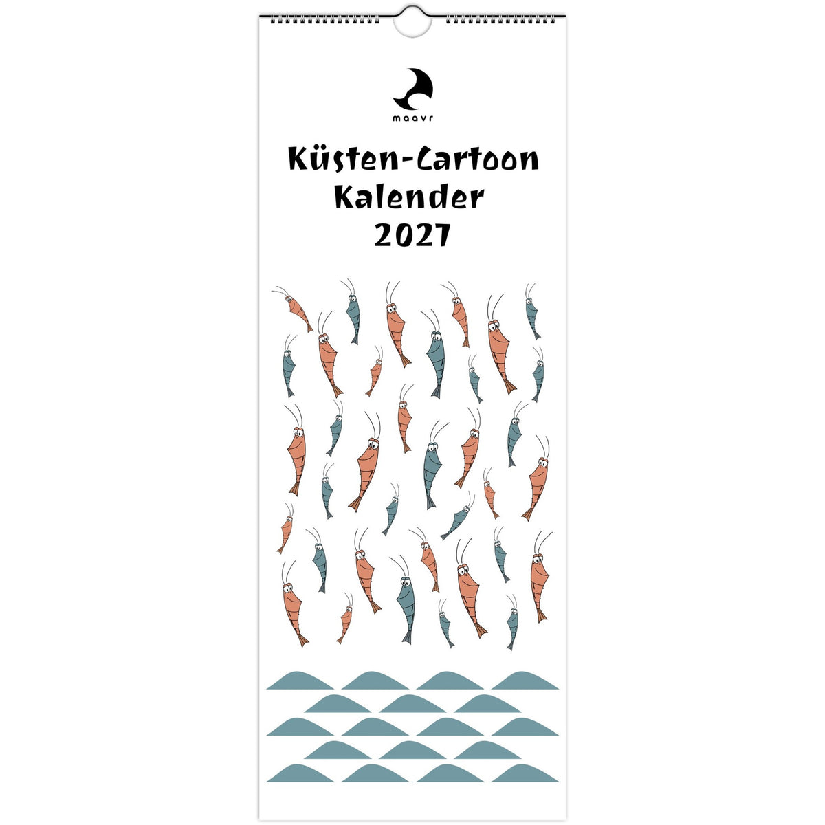 Cover des Wandkalenders 2027 mit Cartoon-Küstenbewohnern, Garnelen und stilisiertem Wellenmuster