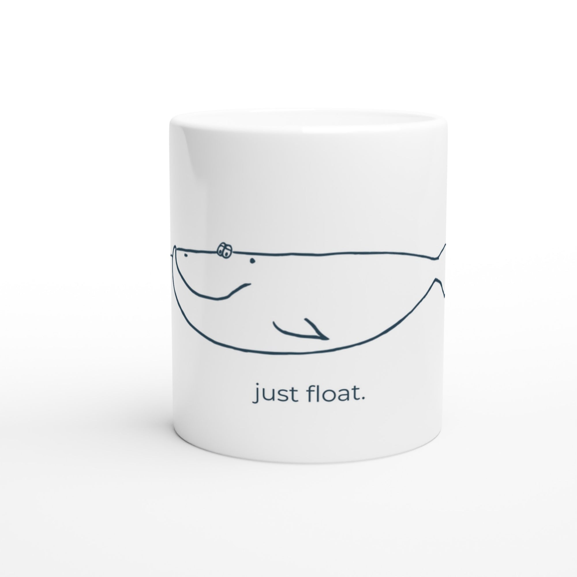 Weiße Keramiktasse mit minimalistischer Wal Illustration und Schriftzug „just float“ – maritime Kaffeetasse im Line-Art Stil