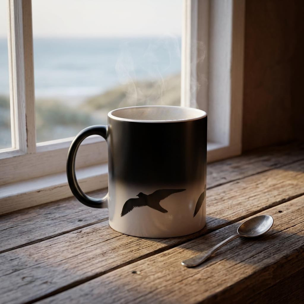 Tasse mit Möwen-Motiv auf Holzfensterbank und nordischer Küstenlandschaft im Hintergrund