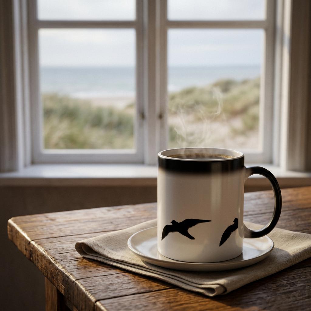 Tasse auf rustikalem Tisch in dänischem Cafe mit Küstenlandschaft-Aussicht
