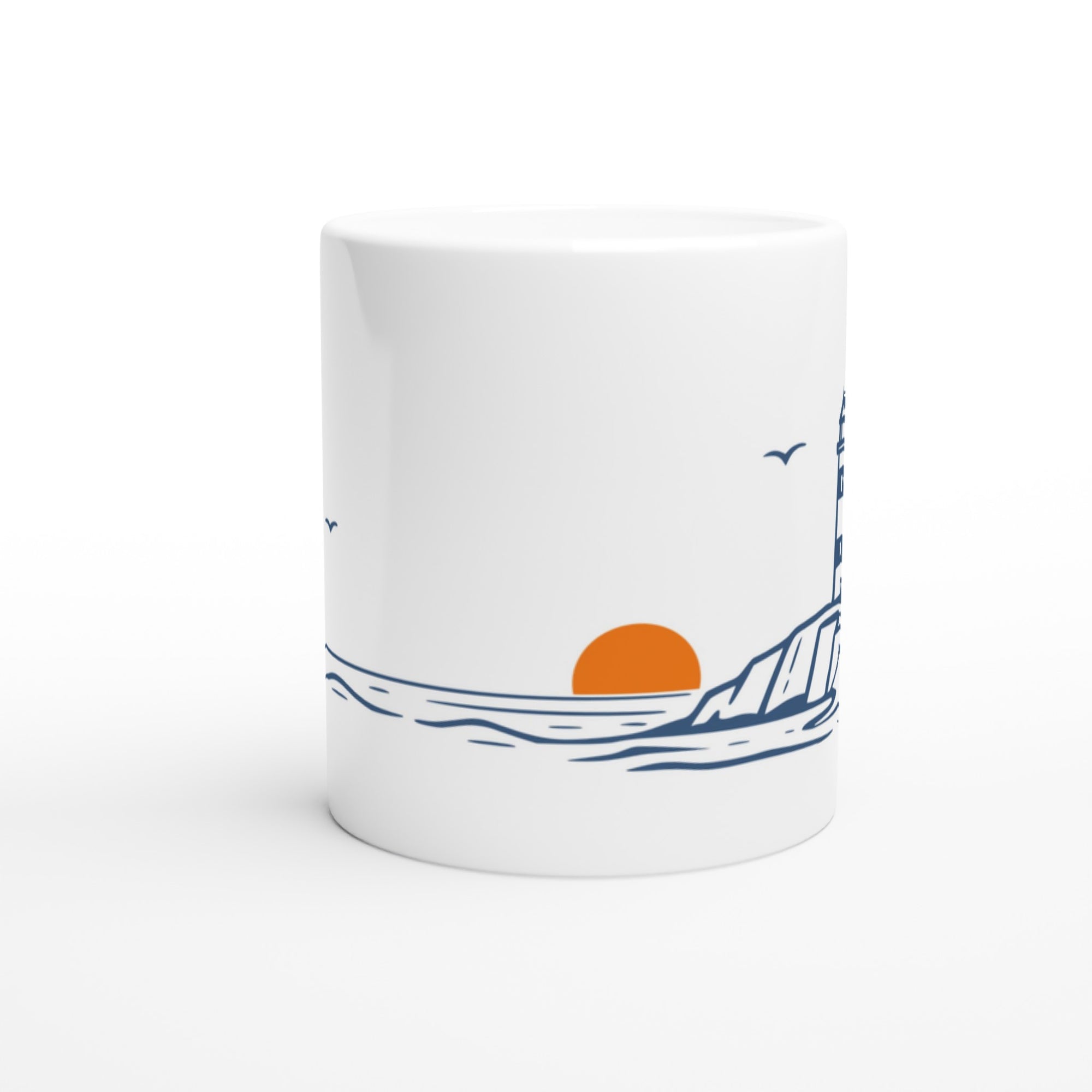 Maritime Tasse mit Leuchtturm Illustration an der Küste – minimalistisches nordisches Design mit Sonne und Meer