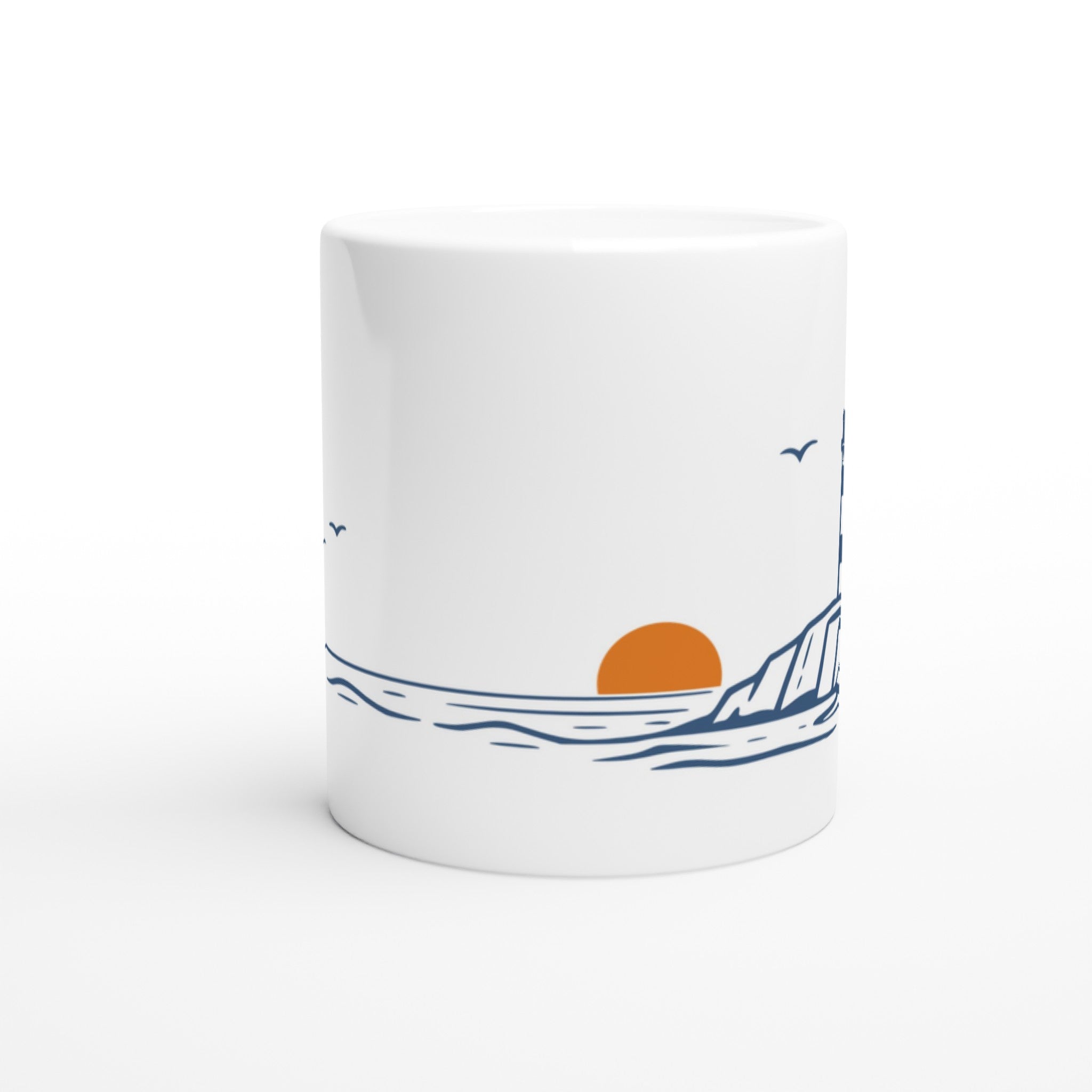 Maritime Tasse mit Leuchtturm Illustration an der Küste – minimalistisches nordisches Design mit Sonne und Meer