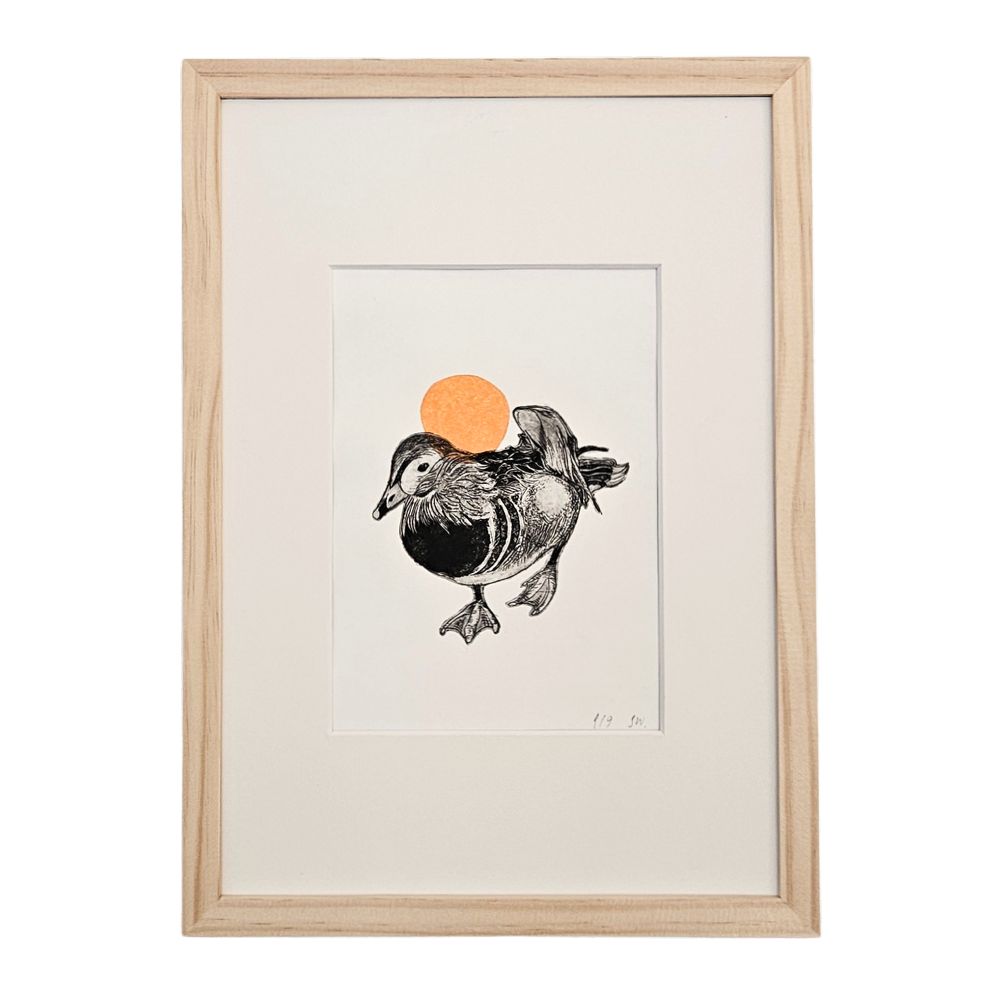 Pato – handgedruckte Original-Radierung mit schwarz-weißer Ente vor orangefarbener Sonne, gerahmt in hellem Holz.