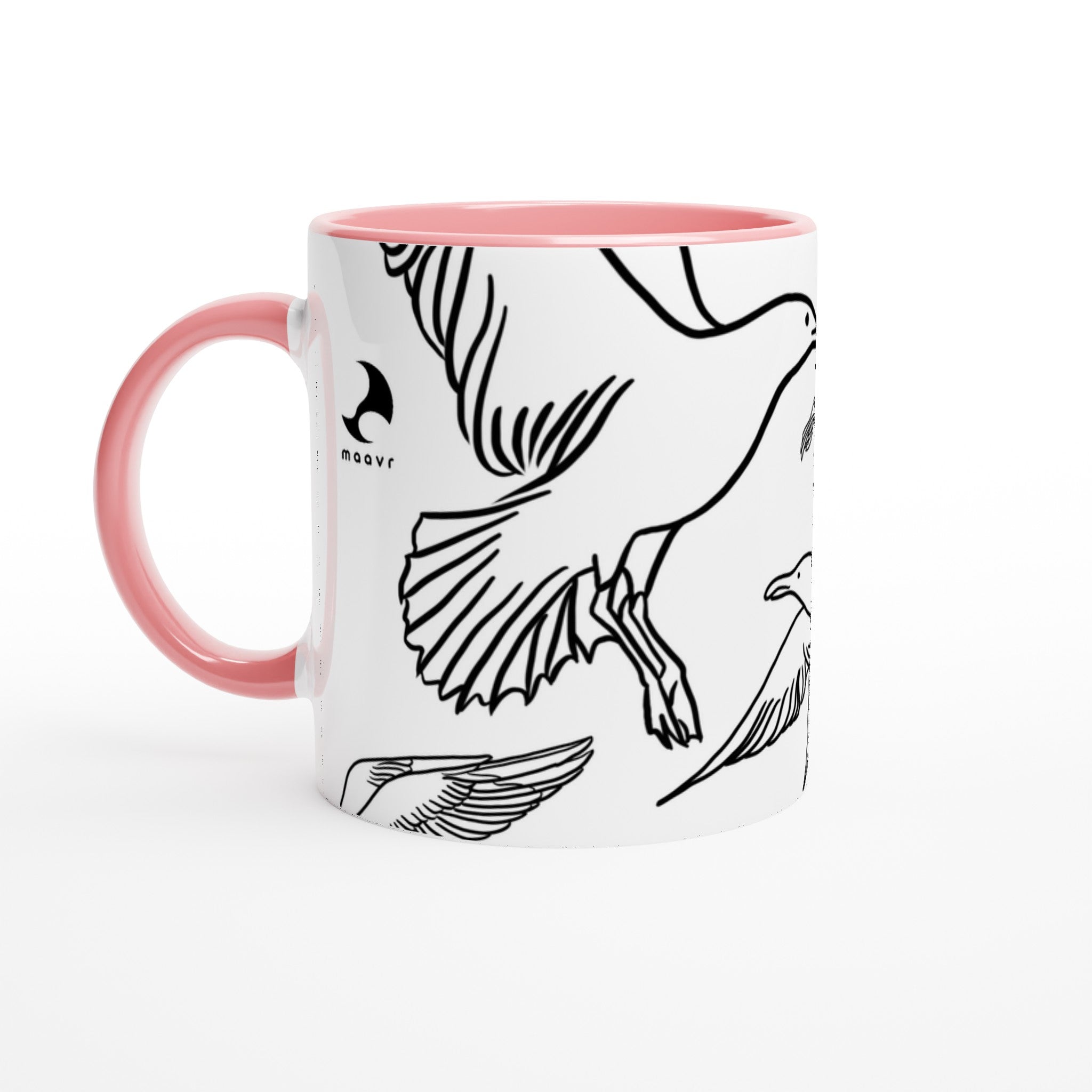 Weiß-pinke Keramiktasse mit  Line-Art-Möwen-Motiv und maavr-Logo