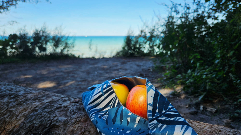 Snacktasche mit blauem Pflanzenmuster, gefüllt mit Äpfel, die herausragen - auf einem Baumstamm mit Küstenhintergund