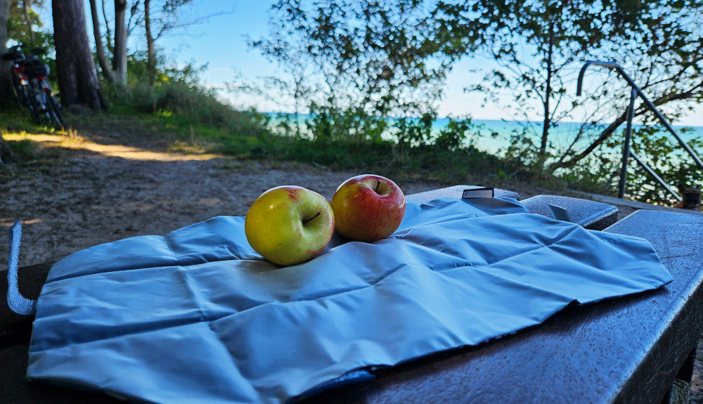 Snacktasche geöffnet, zwei Äpfel - auf einer Back vor Küste