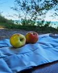 Snacktasche geöffnet, zwei Äpfel - auf einer Back vor Küste