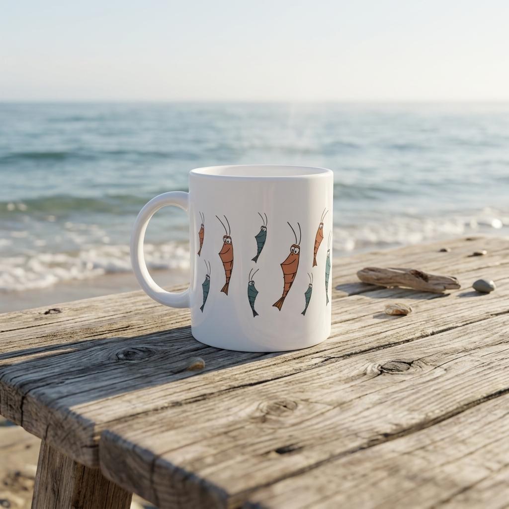 Keramiktasse mit Garnelen Motiv am Strand mit Blick auf das Meer