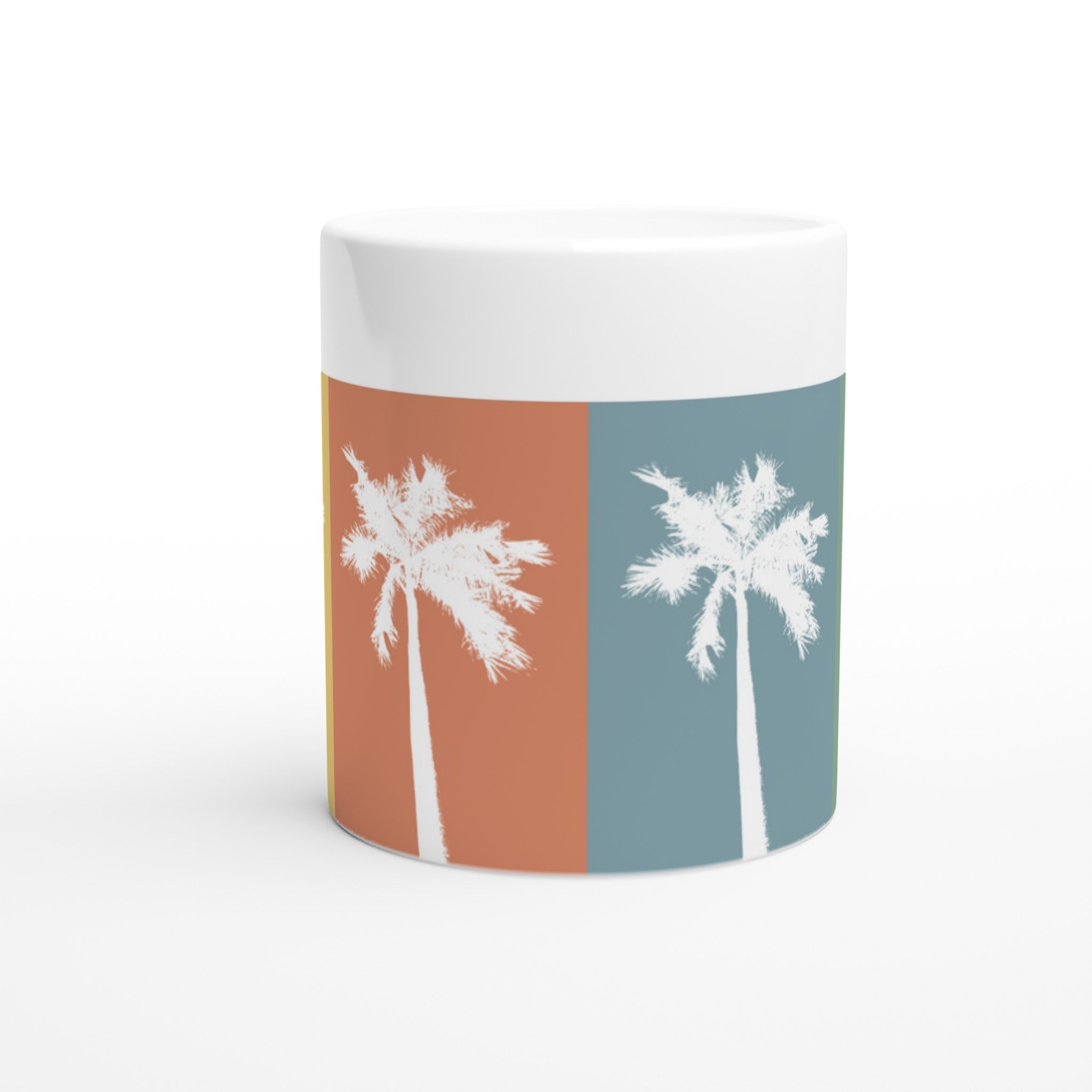 Weiße Tasse mit Palmenmotiv in Orange und Hellblau im tropischen Stil