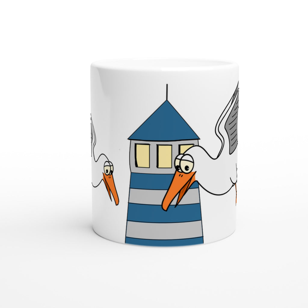 Weiße Keramiktasse mit Cartoon-Möwen und Leuchtturm