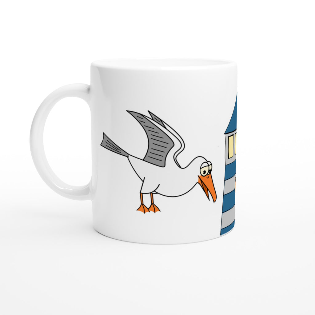 Keramiktasse mit fliegenden Möwen und Leuchtturm im Cartoon-Stil