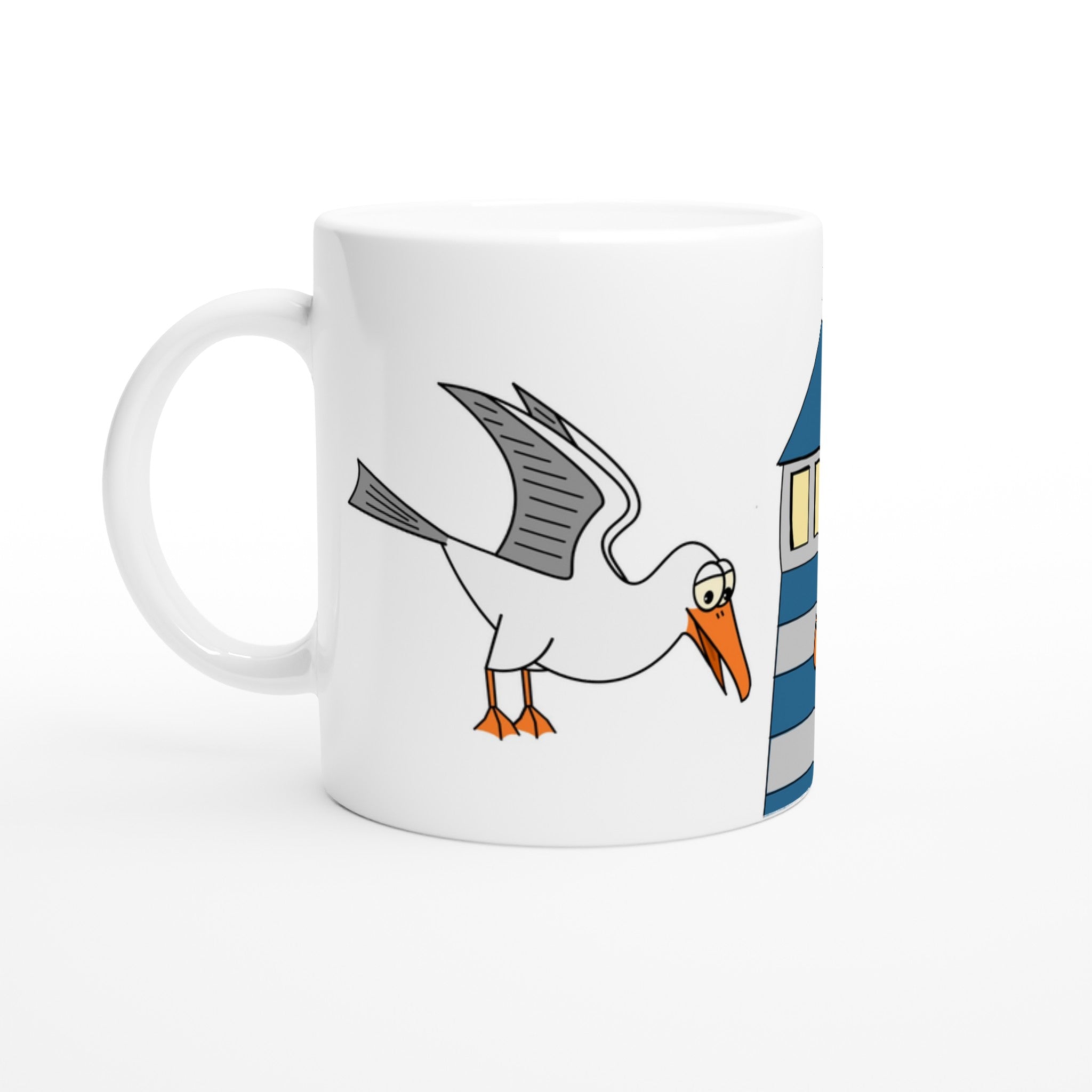 Keramiktasse mit fliegenden Möwen und Leuchtturm im Cartoon-Stil