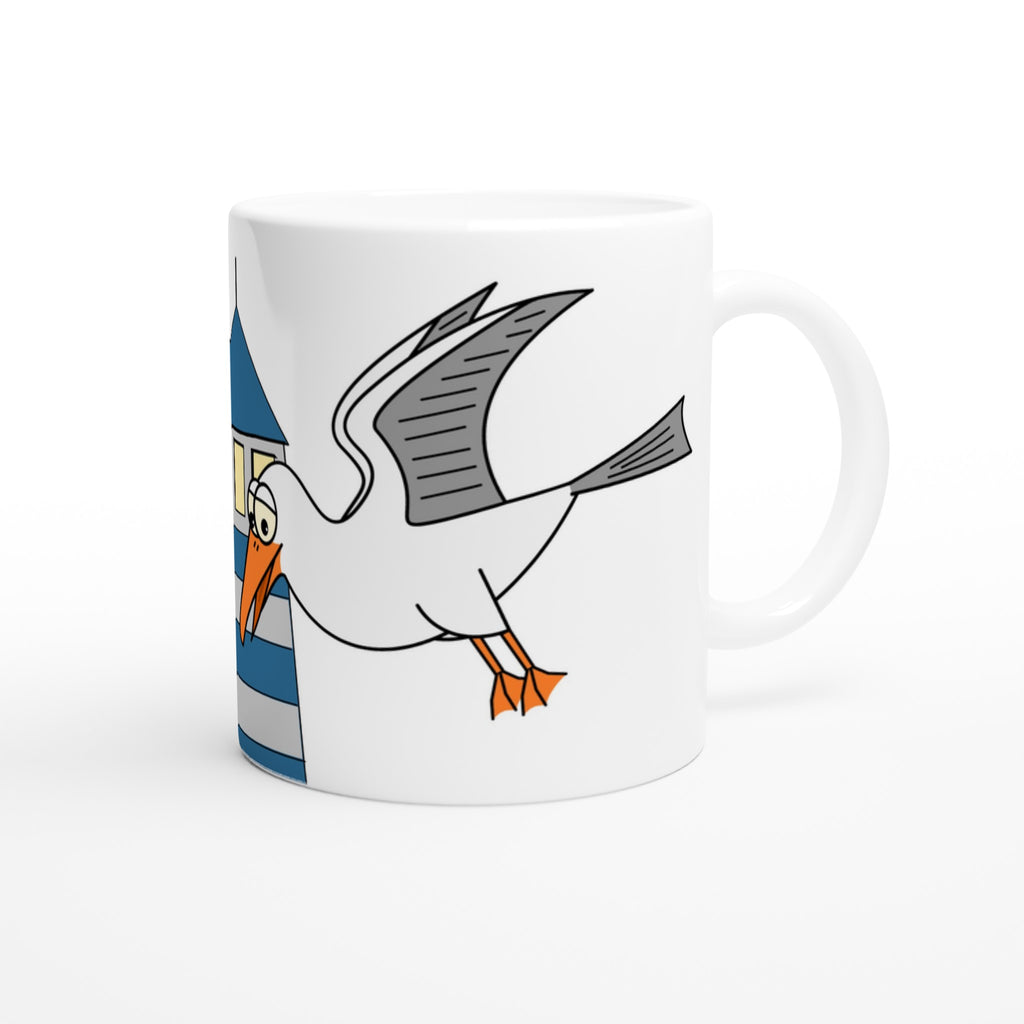 Tasse mit maritimem Cartoon-Motiv aus Möwen und Leuchtturm