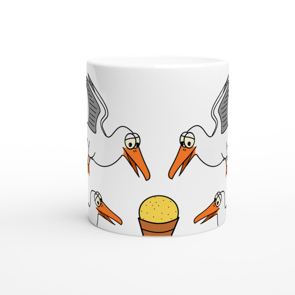 Weiße Keramiktasse mit Cartoon-Möwen und Waffeleis