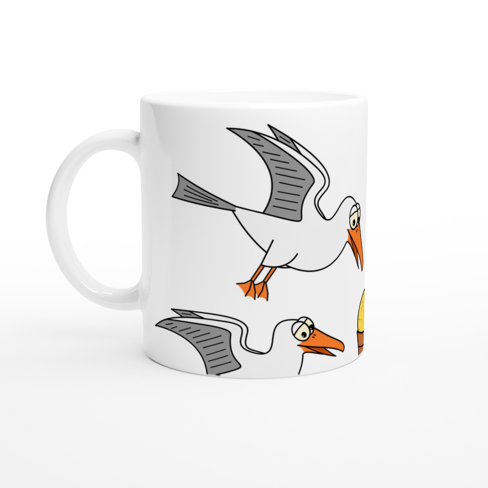 Keramiktasse mit fliegenden Möwen und Waffeleis im Cartoon-Stil