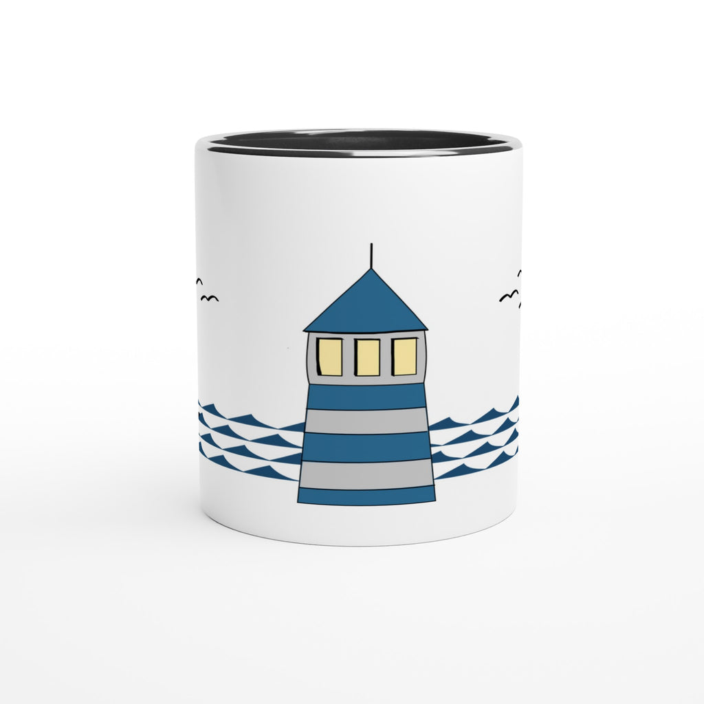Keramiktasse mit blauem Leuchtturm und Wellen im Cartoon-Stil