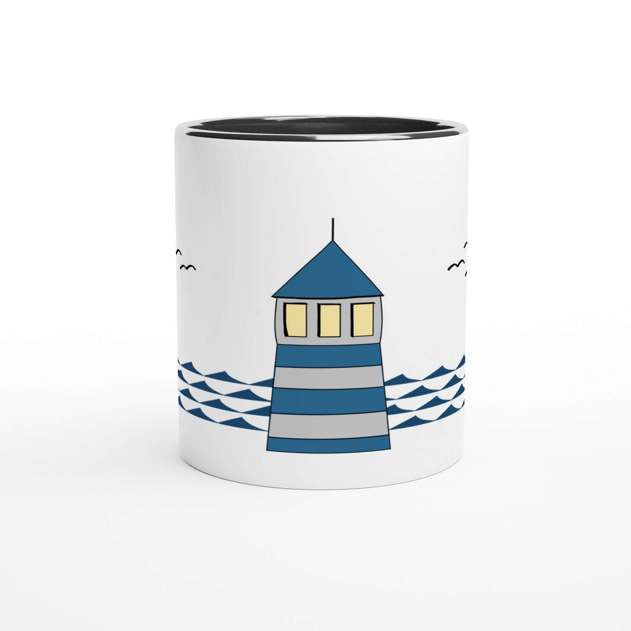Keramiktasse mit blauem Leuchtturm und Wellen im Cartoon-Stil