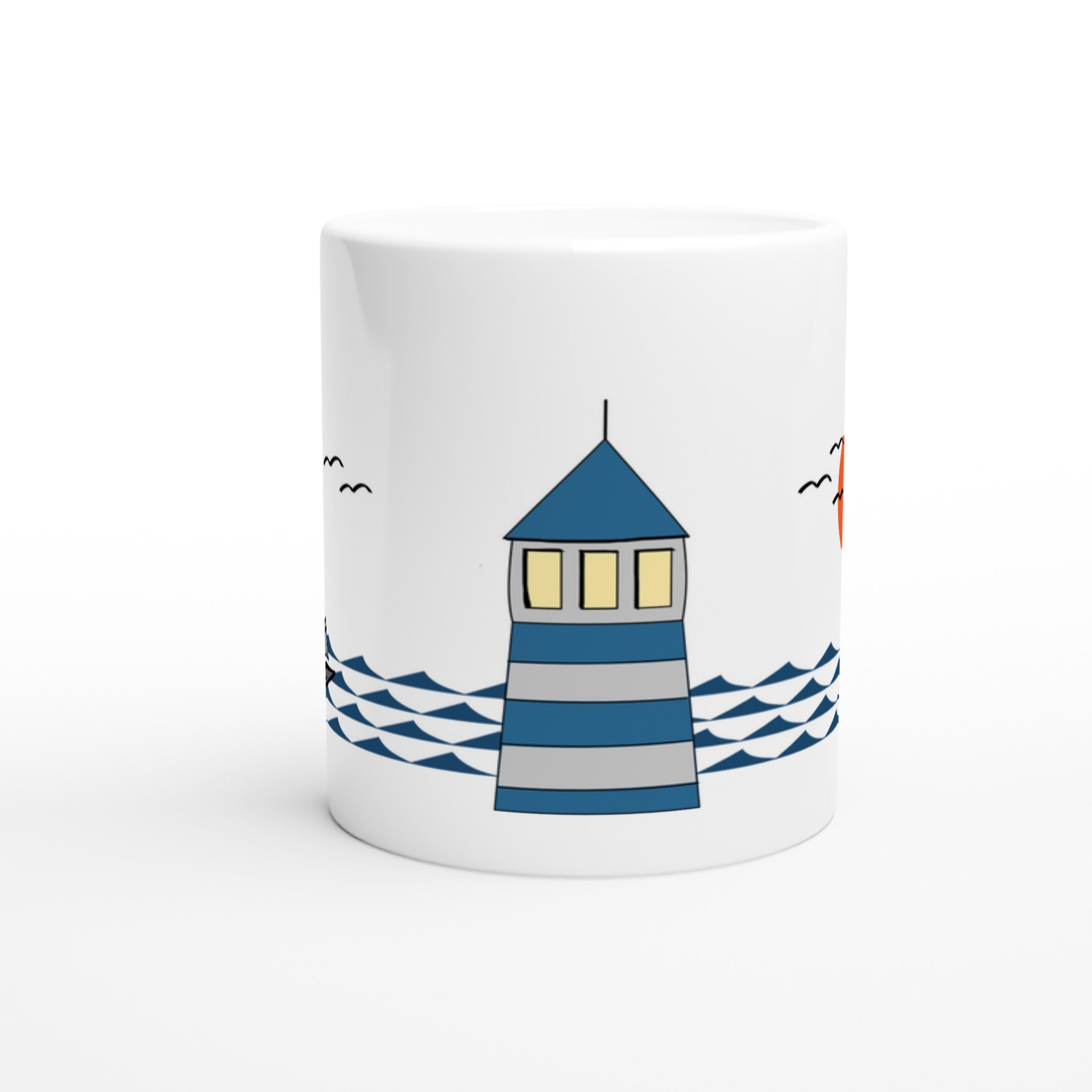 Keramiktasse mit blauem Leuchtturm und Wellen im Cartoon-Stil