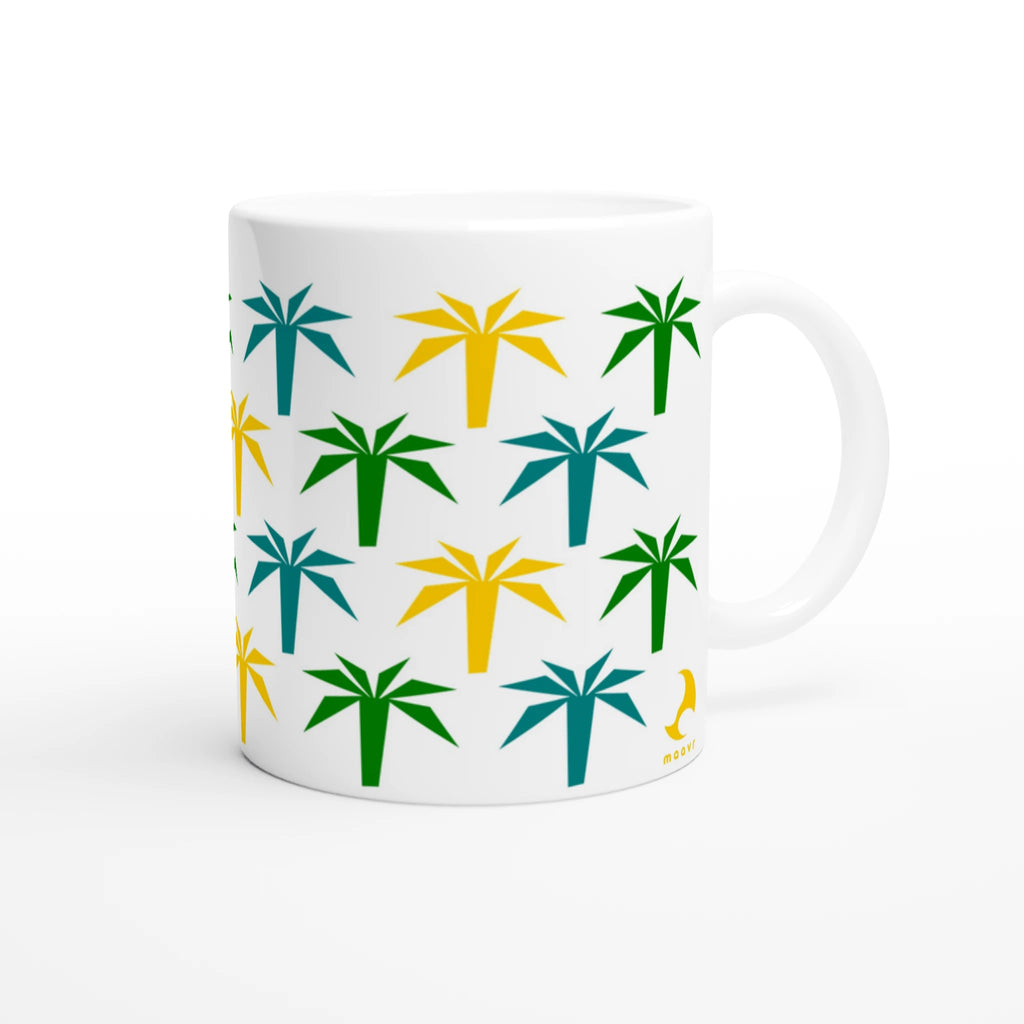 Weiße Kaffeetasse mit umlaufendem Palmenmuster in Gelb, Grün und Türkis