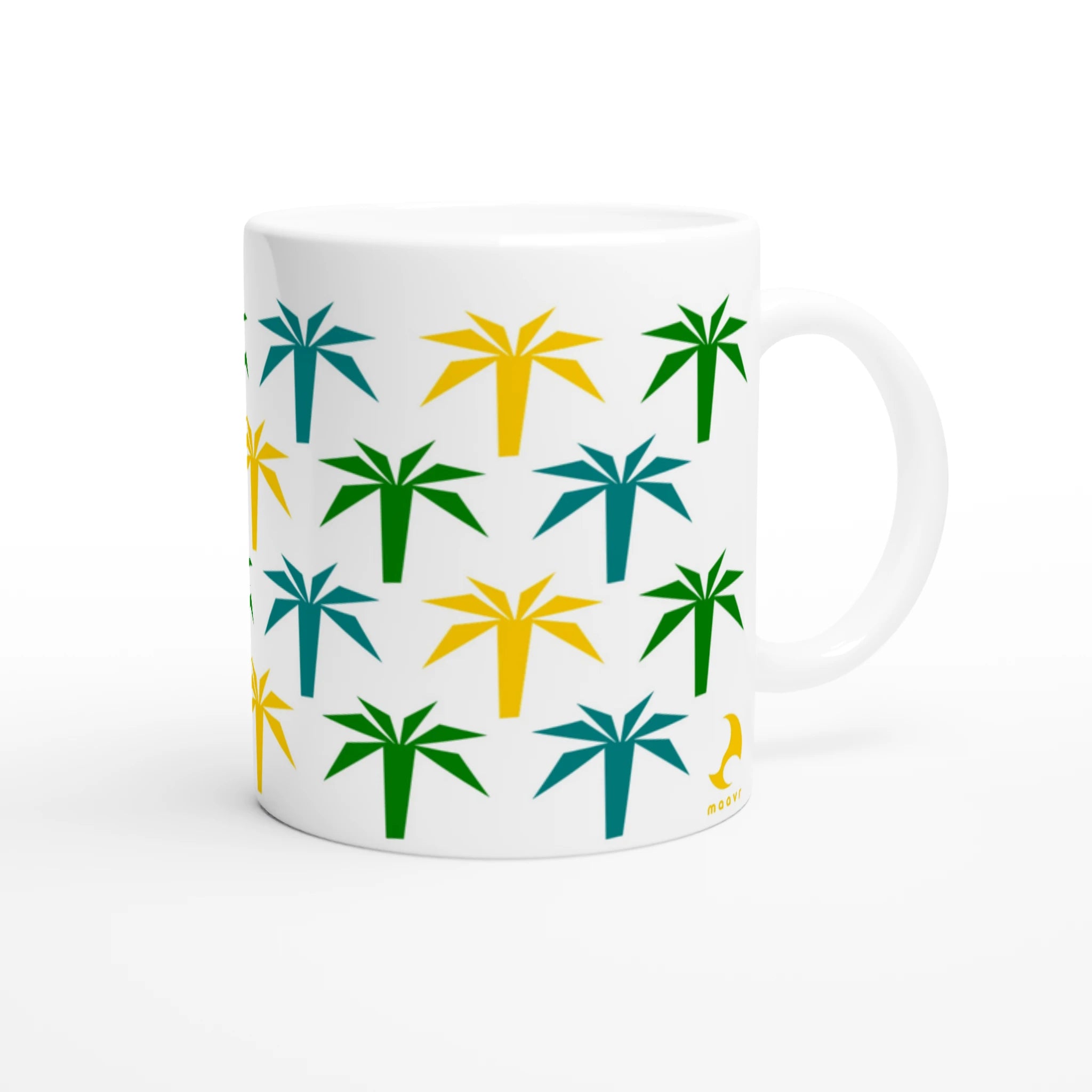 Weiße Kaffeetasse mit umlaufendem Palmenmuster in Gelb, Grün und Türkis