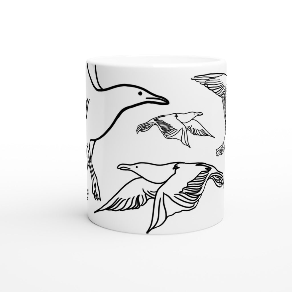 Weiße Keramiktasse mit Line Art Möwen-Motiven