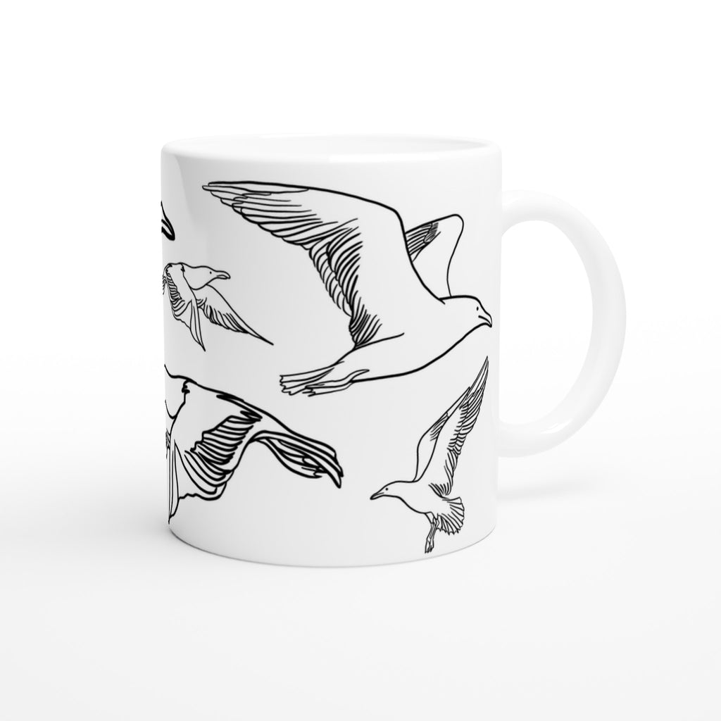 Weiße Keramiktasse mit Line Art Möwen-Motiv