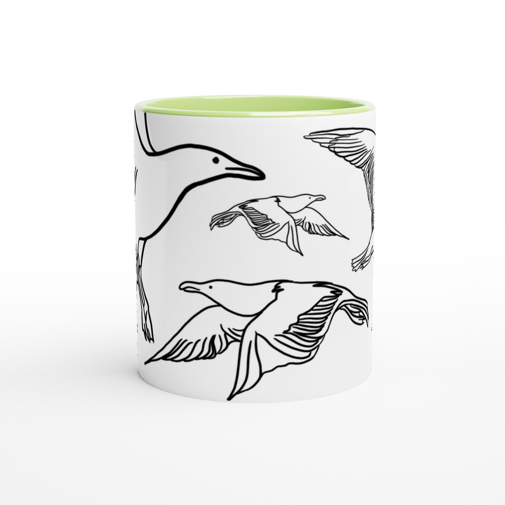 Weiß-grüne Keramiktasse mit  Line-Art-Möwen-Motiv 