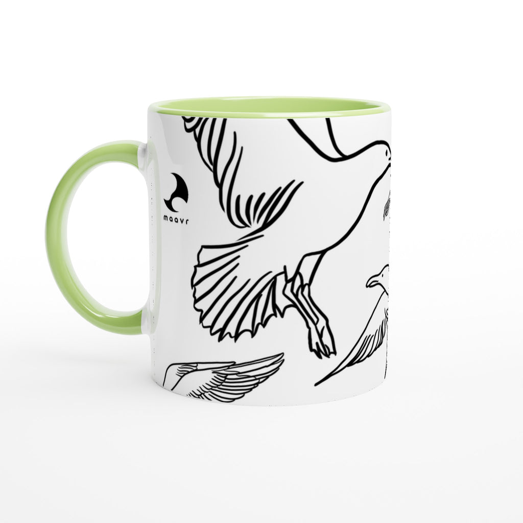 Weiß-grüne Keramiktasse mit  Line-Art-Möwen-Motiv und maavr-Logo