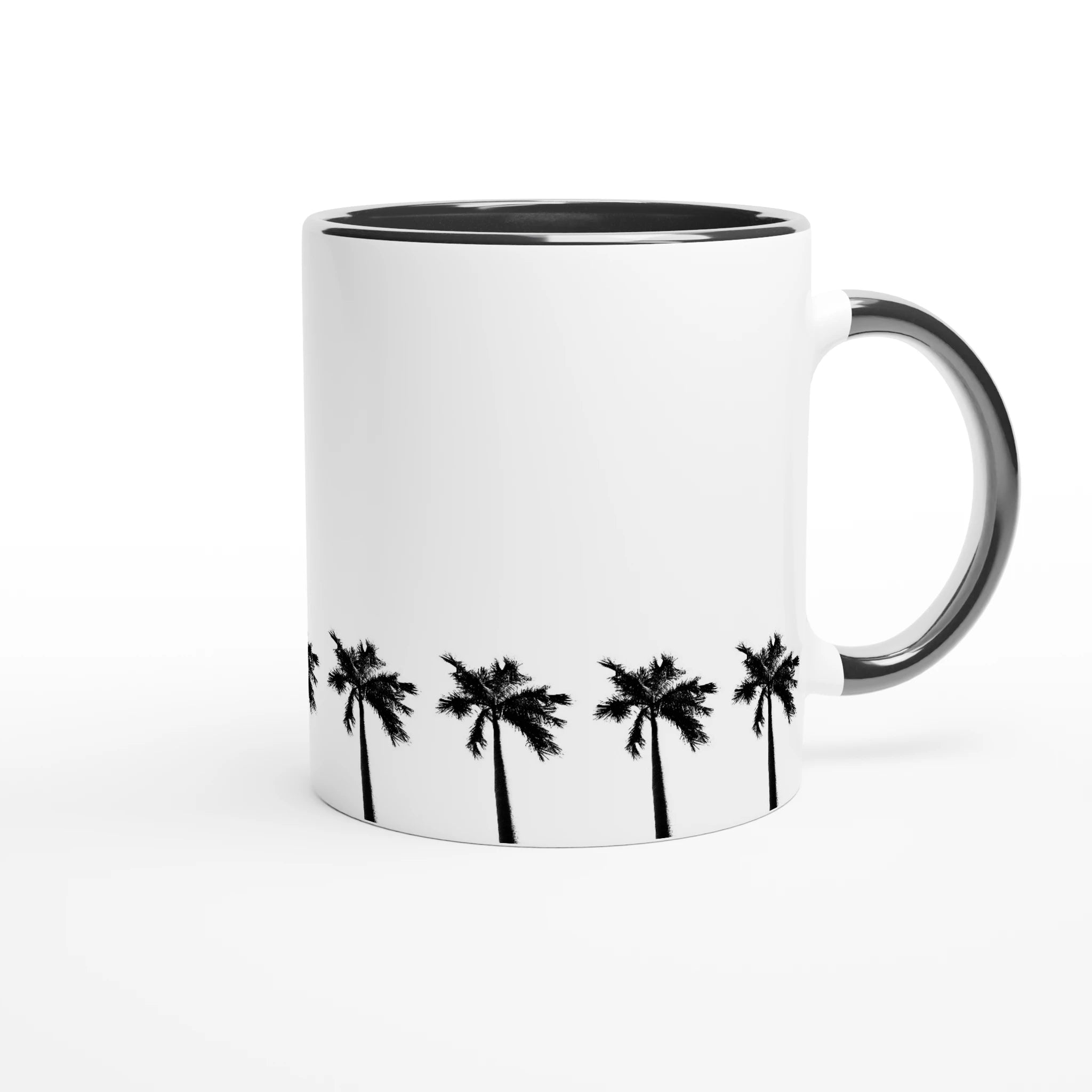 Keramiktasse mit umlaufendetr Palmenreihe, schwarzer Innenfläche und schwarzem Henkel