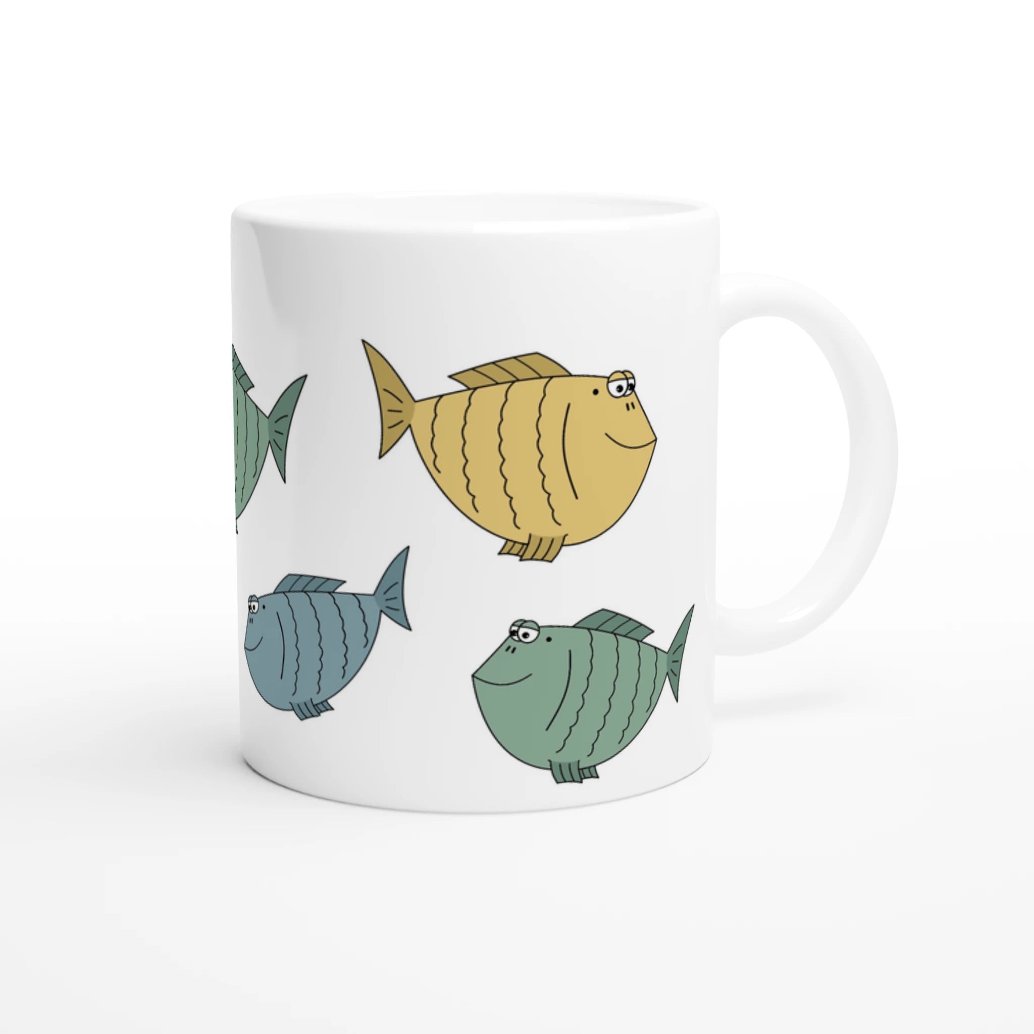 Keramiktasse mit bunten Fischen im Cartoon-Stil und maritimem Design
