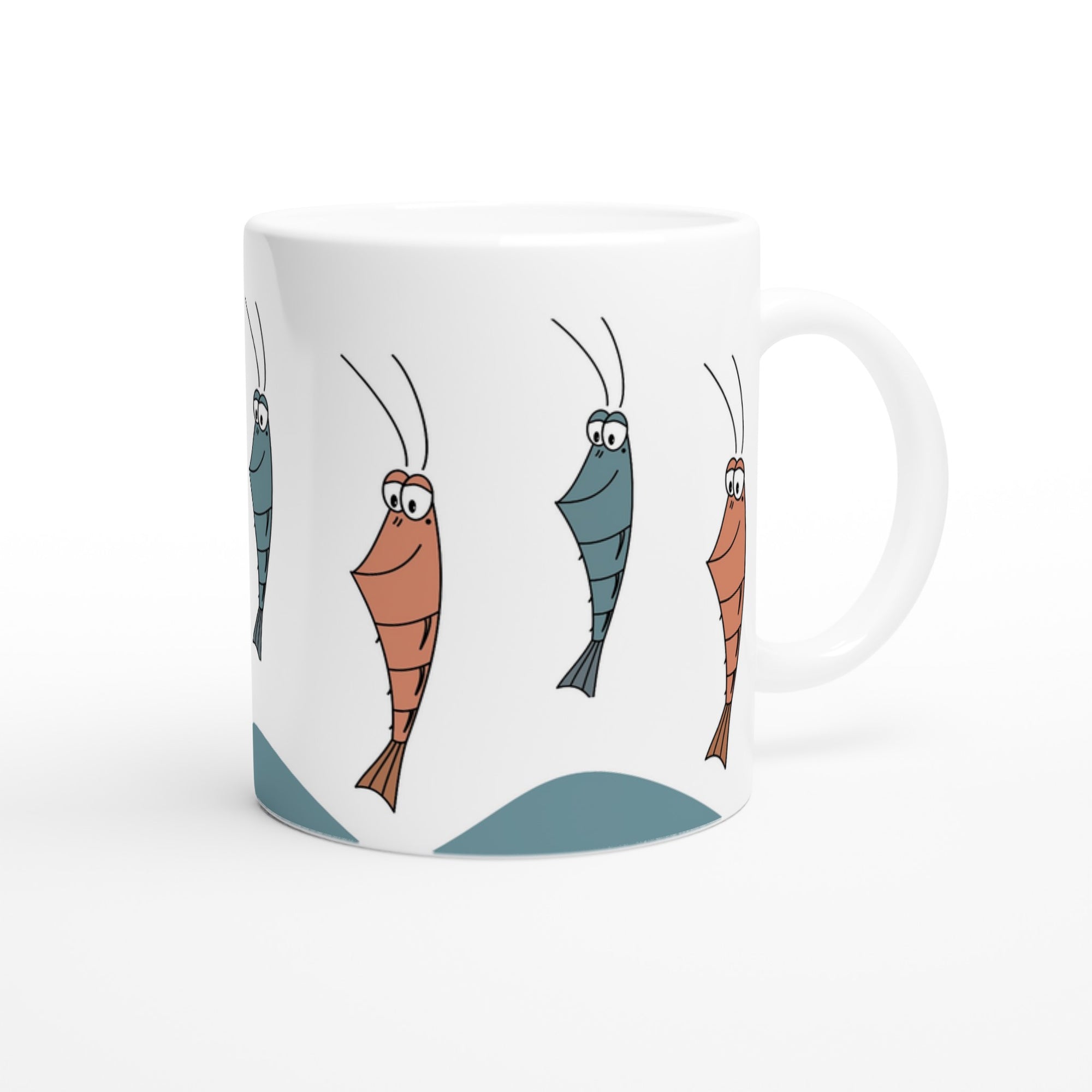 Weiße Tasse mit Cartoon Shrimp Motiv in bunten Farben