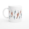 Weiße Keramiktasse mit Garnelen Motiv im Cartoon Stil in bunten Farben