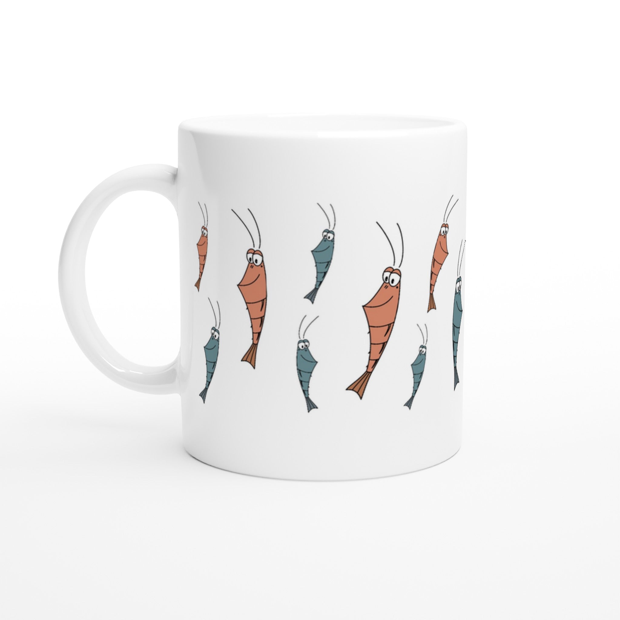 Weiße Keramiktasse mit Garnelen Motiv im Cartoon Stil in bunten Farben
