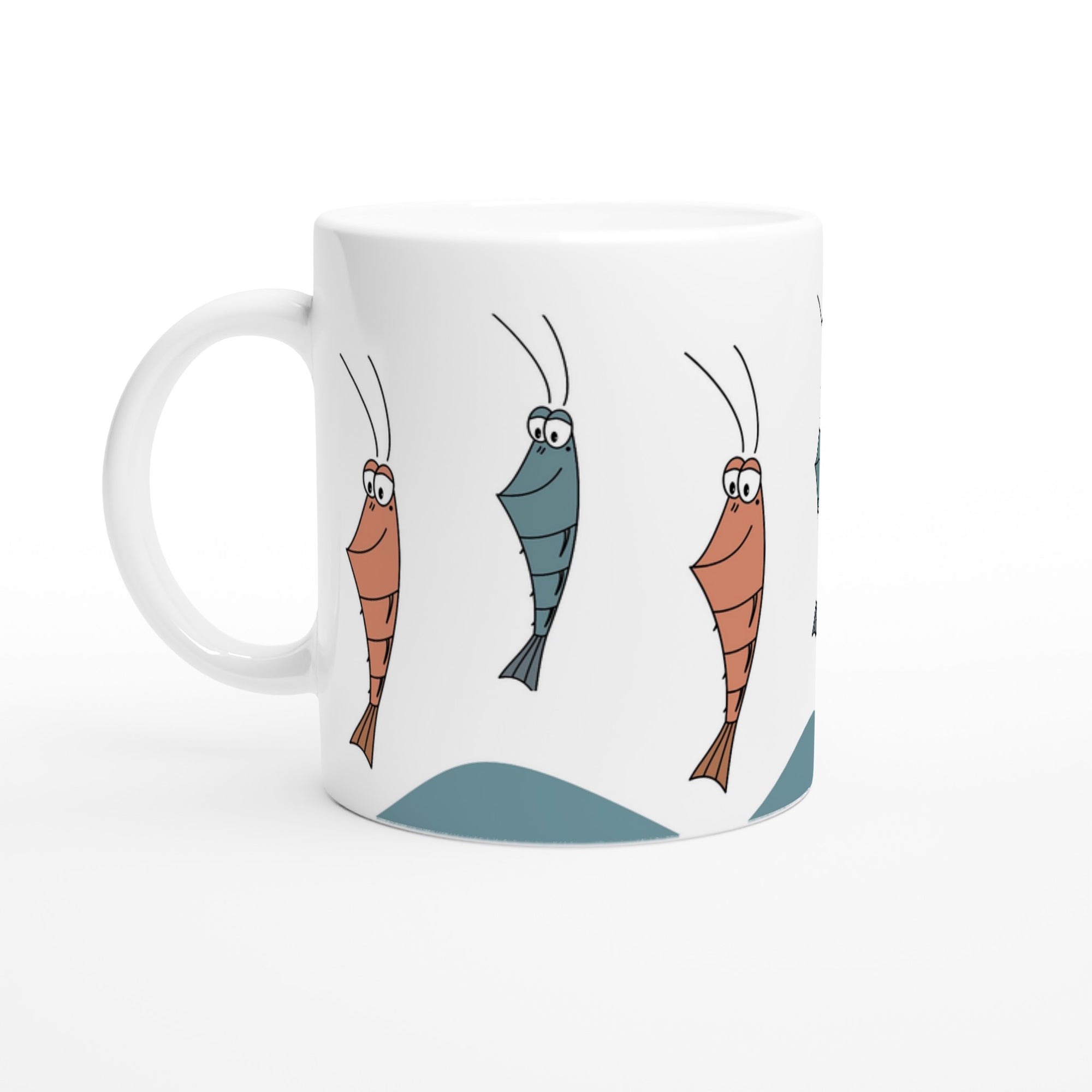 Weiße Tasse mit Cartoon Garnelen Motiv in bunten Farben