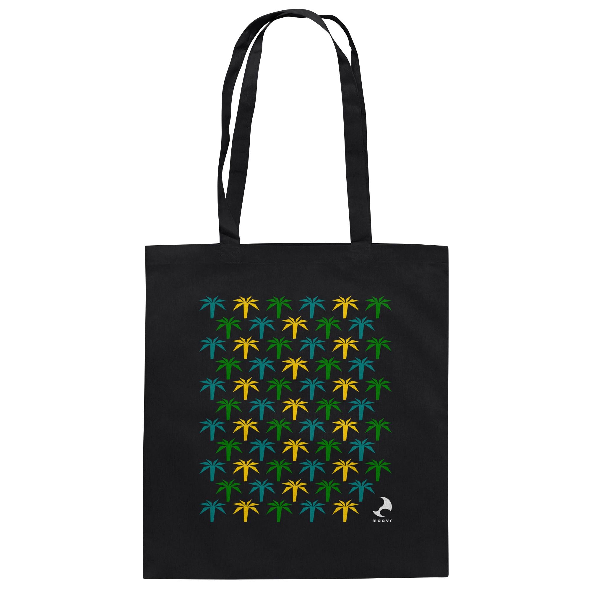 Schwarze Tote Bag aus Bio-Baumwolle mit farbenfrohem Palmenmotiv