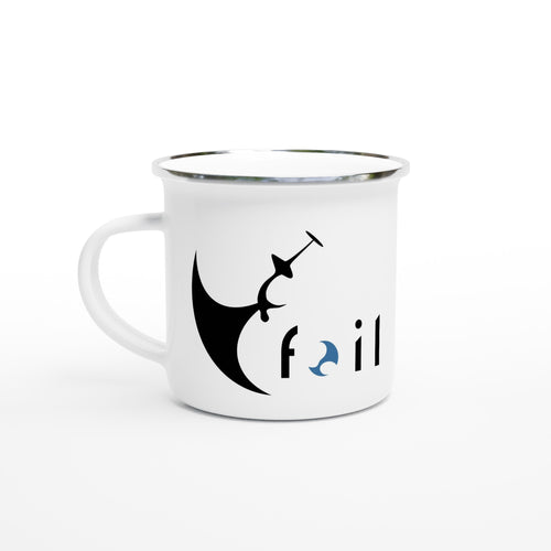 Weiße Emaille-Tasse mit silbernem Rand, Wingfoil Backflip motiv und "Foil"-Schriftzug