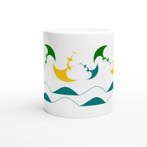 Wingfoil-Tasse mit buntem Küstenmotiv und Wingfoil-Silhouetten auf weißer Keramik