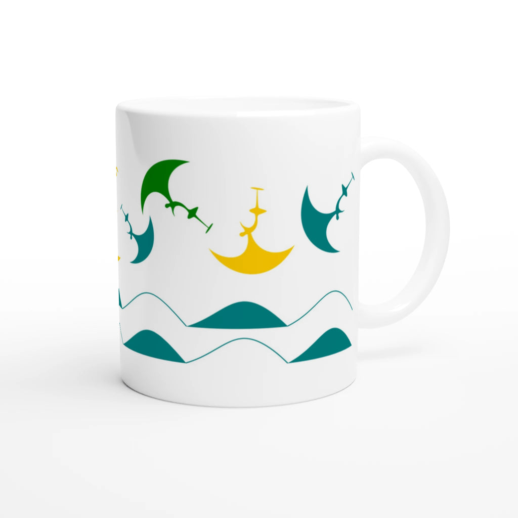 Keramiktasse mit umlaufendem Wingfoil-Design in Gelb, Grün und Türkis