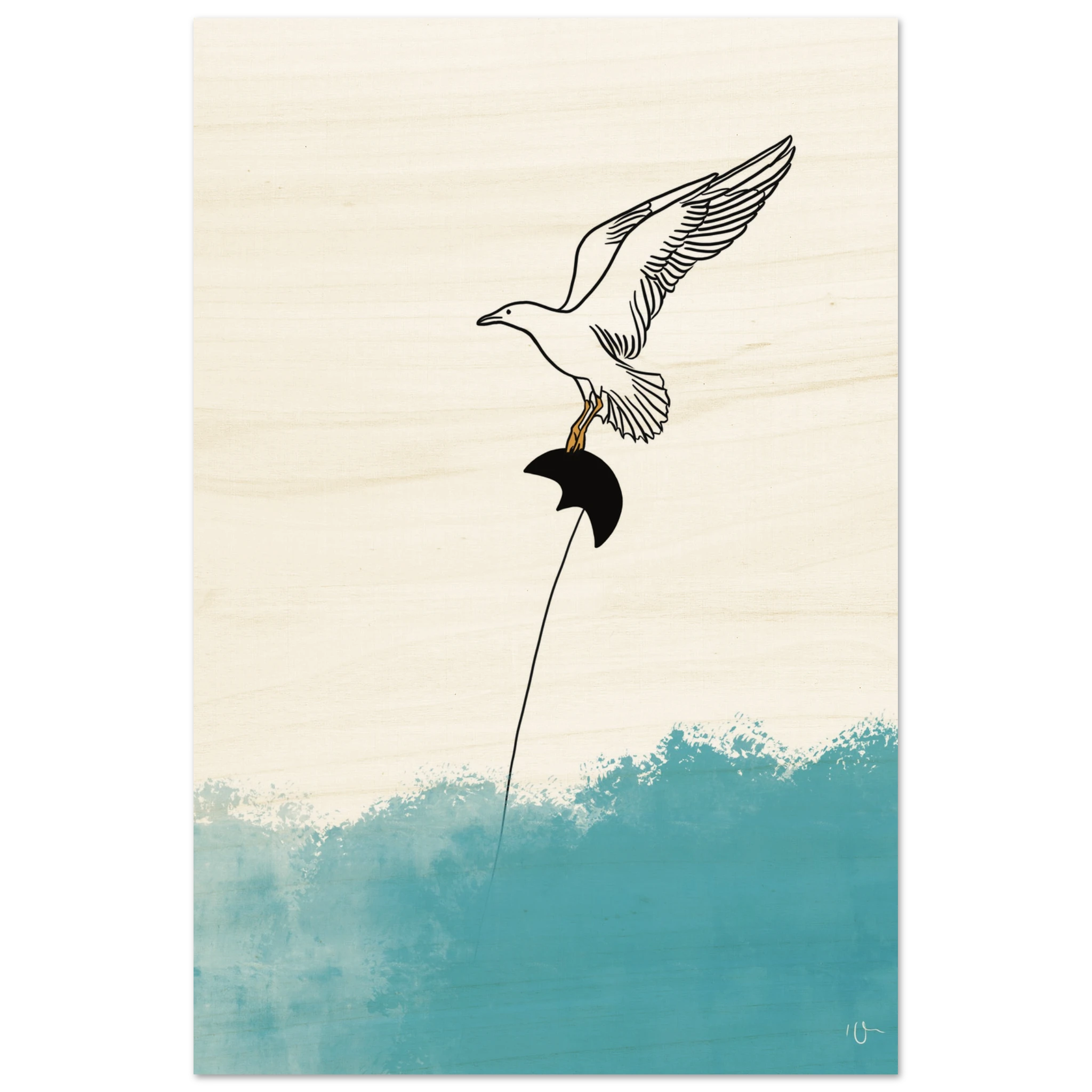 Wingfoil Kunst Holzdruck mit Seevogel und Wingfoil-Wing – minimalistisches Wingfoil Wandbild
