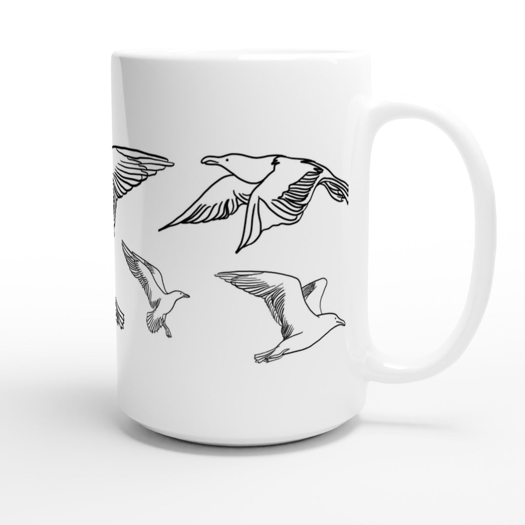 Weiße XL-Tasse mit Line Art Möwen 