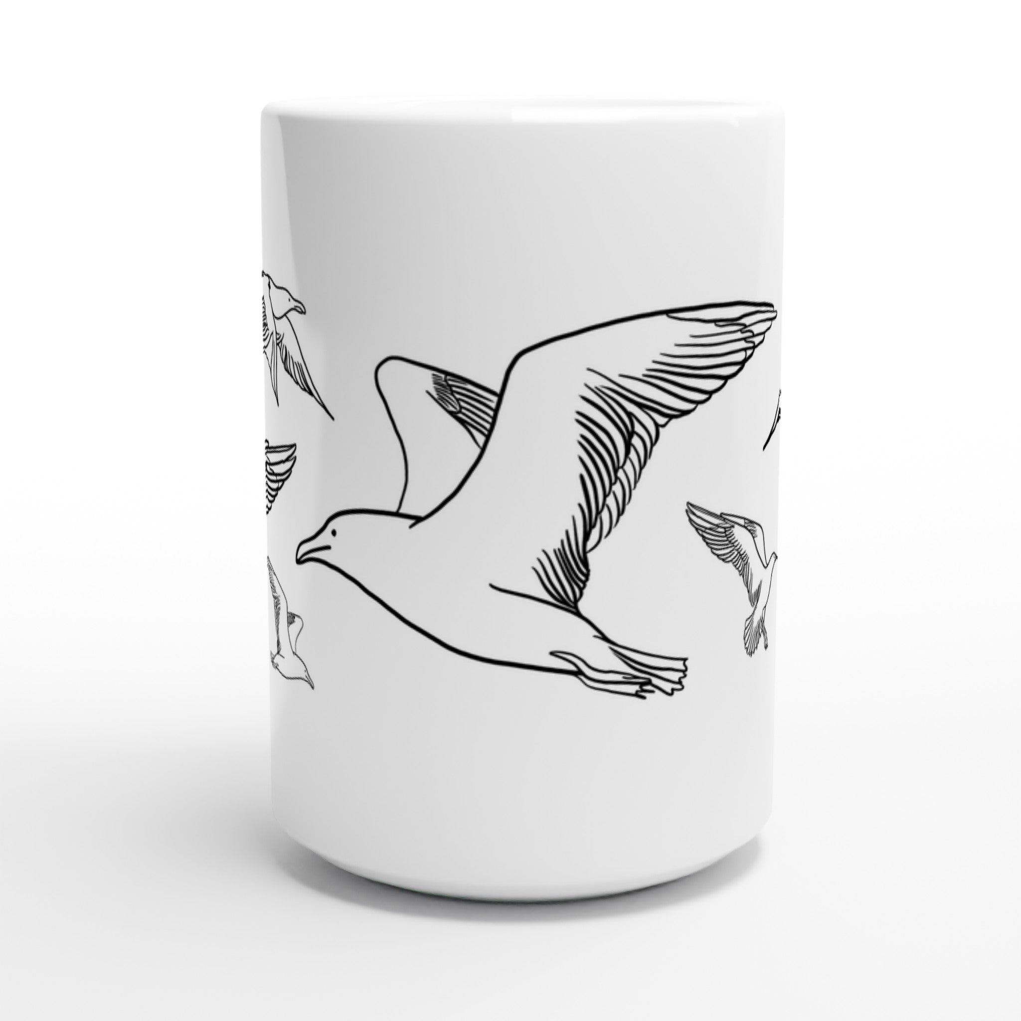 Weiße XL-Tasse mit Line Art Möwen 