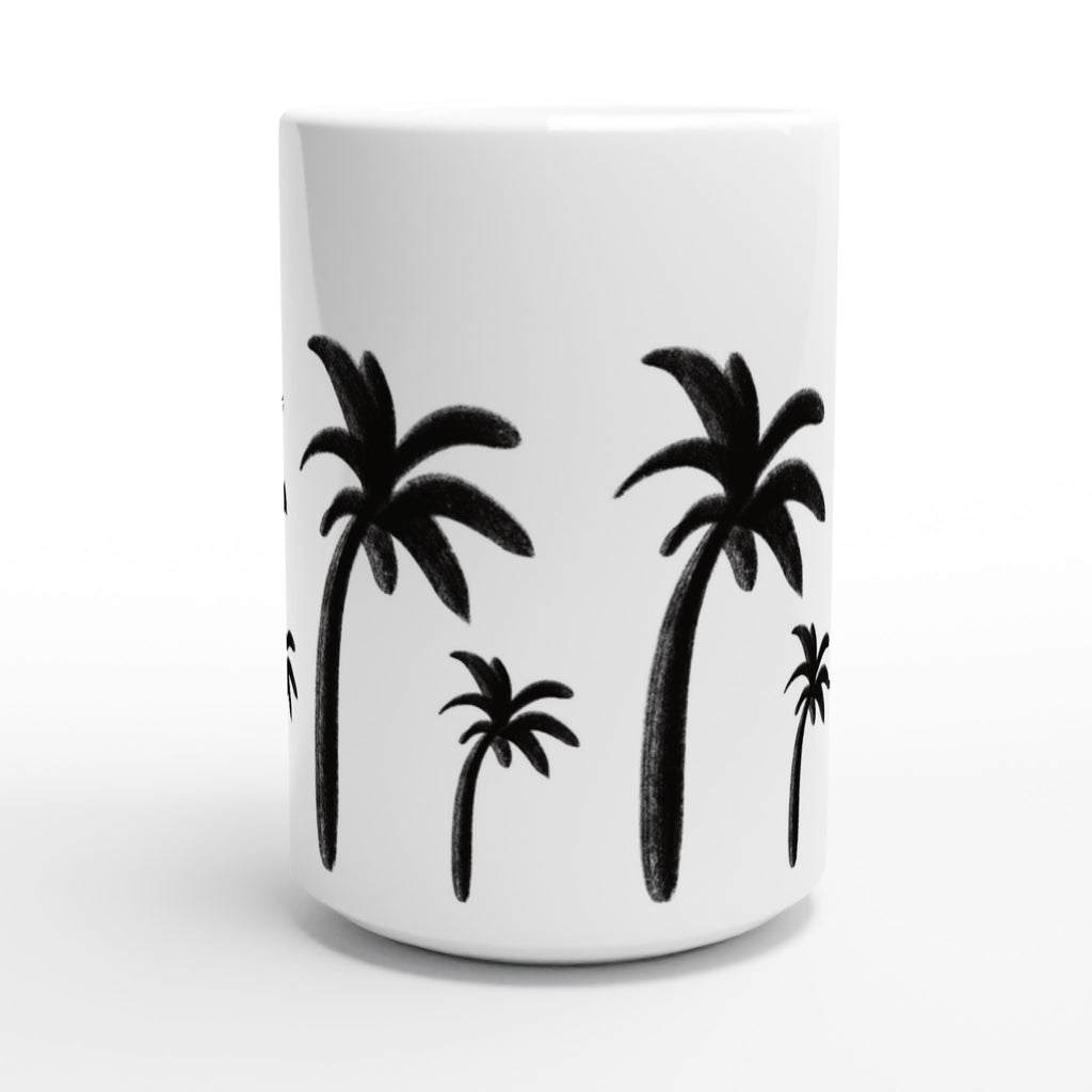 Weiße XL-Tasse mit einfachen, schwarzen, handgezeichneten Palmen