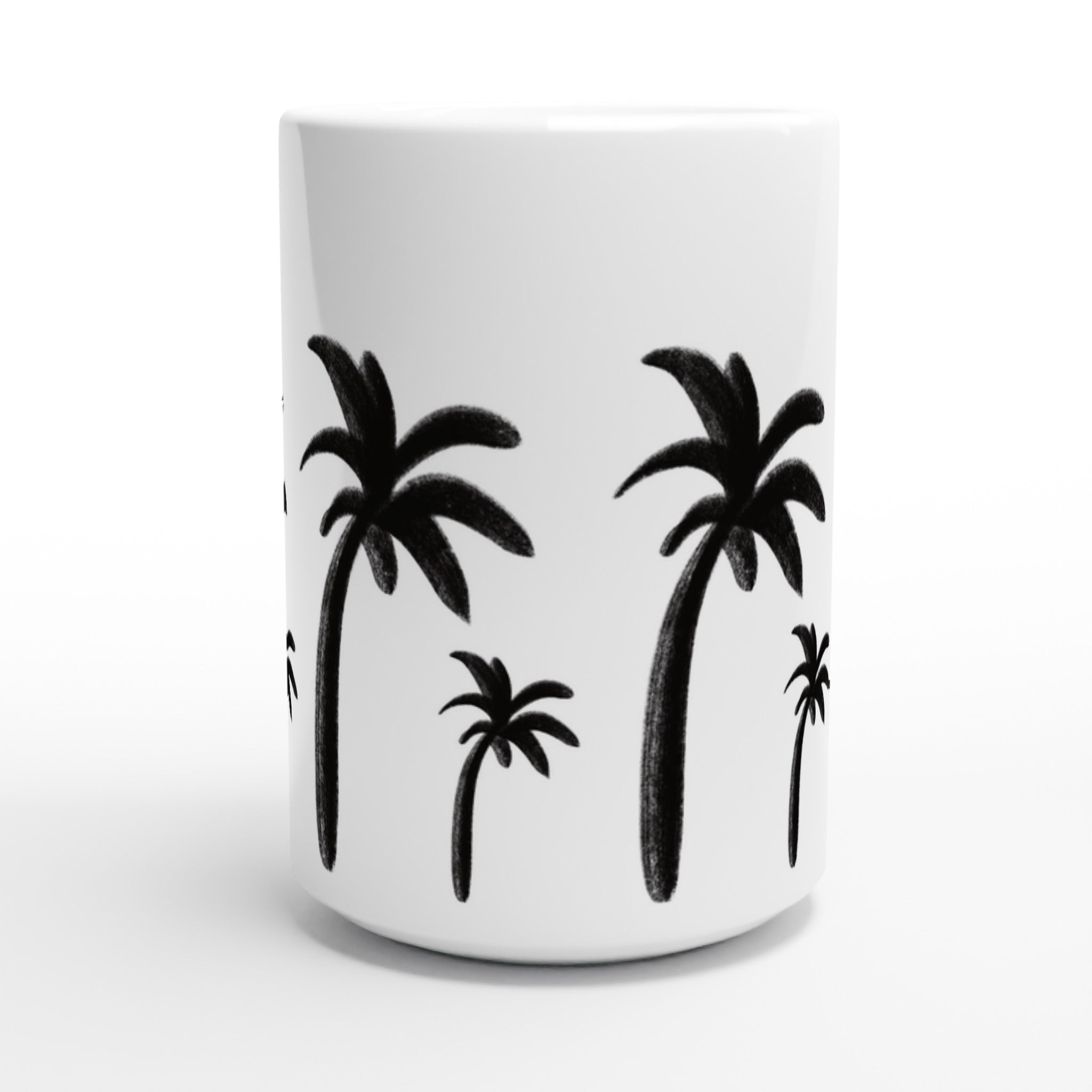 Weiße XL-Tasse mit einfachen, schwarzen, handgezeichneten Palmen