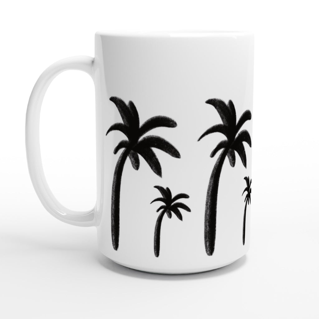 Weiße XL-Tasse mit einfachen, schwarzen, handgezeichneten Palmen